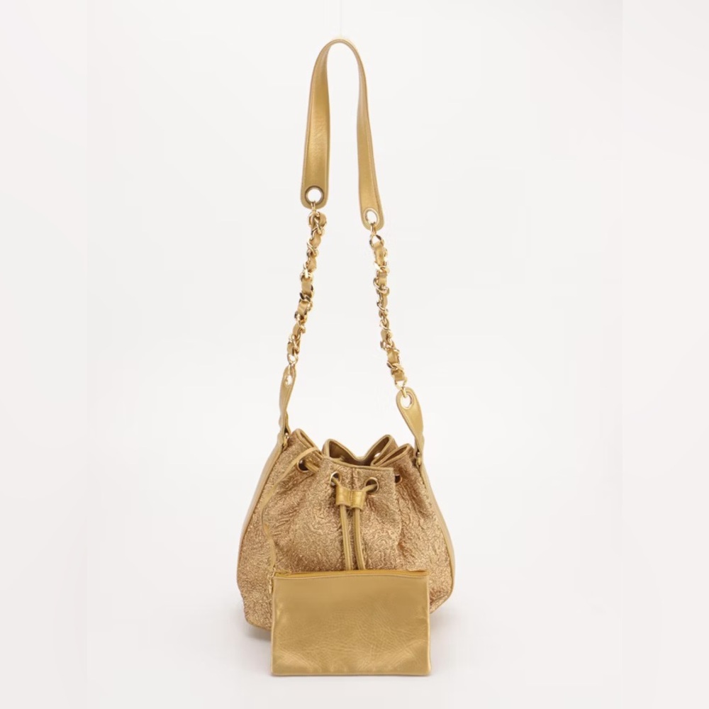 Chanel 1990’s Vintage Gold Silk Brocade Bucket Drawstring Bag 24k GHW